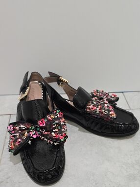 Betsey Johnson Black Patent Loafers with Multicolor Floral Bow
